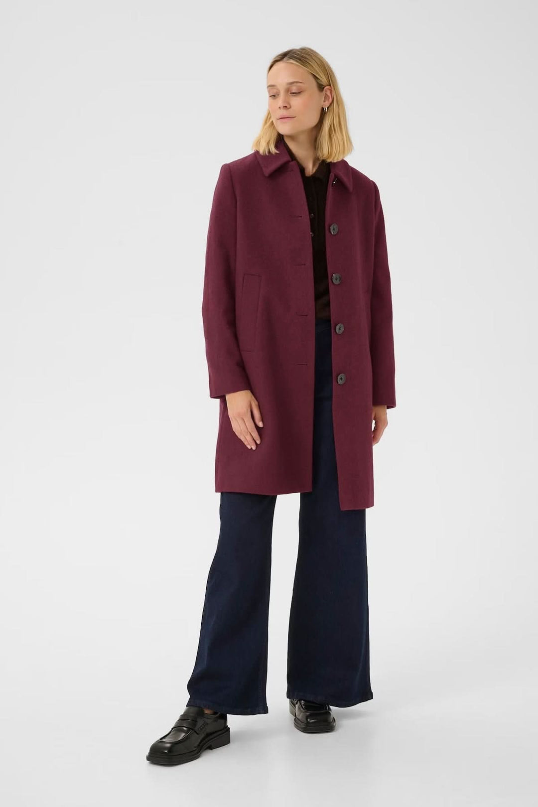 Manteau en laine Kamillas, coupe droite, col chemise, couleur bordeaux, chic pour l&