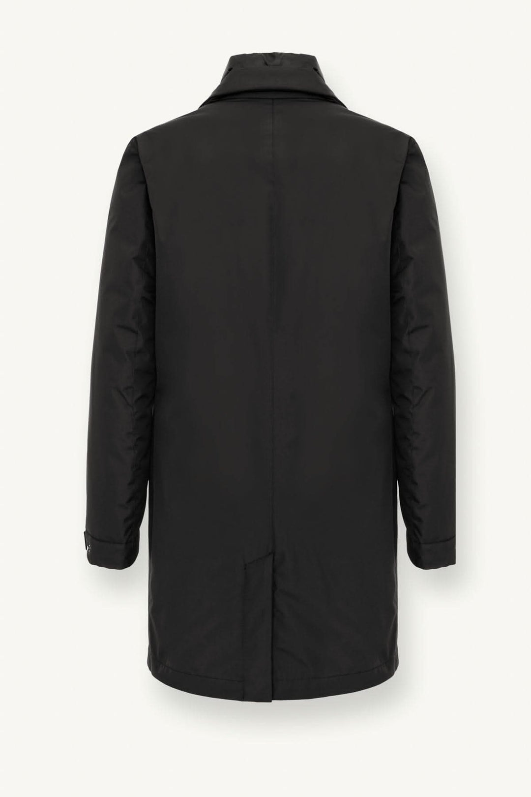 Manteau long homme en tissu recyclé, vue arrière, style métropolitain, finition lisse et matelassée.