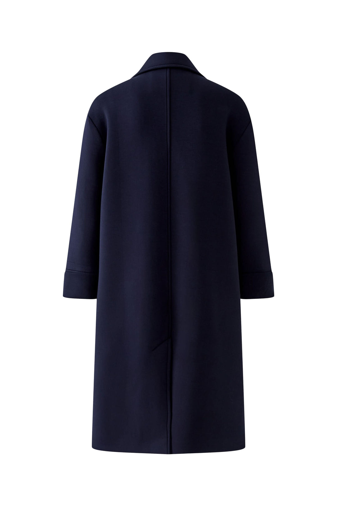 Manteau long à coupe droite avec col tailleur classique en vue de dos, idéal pour une silhouette élégante. Décris moi le produit en français.
