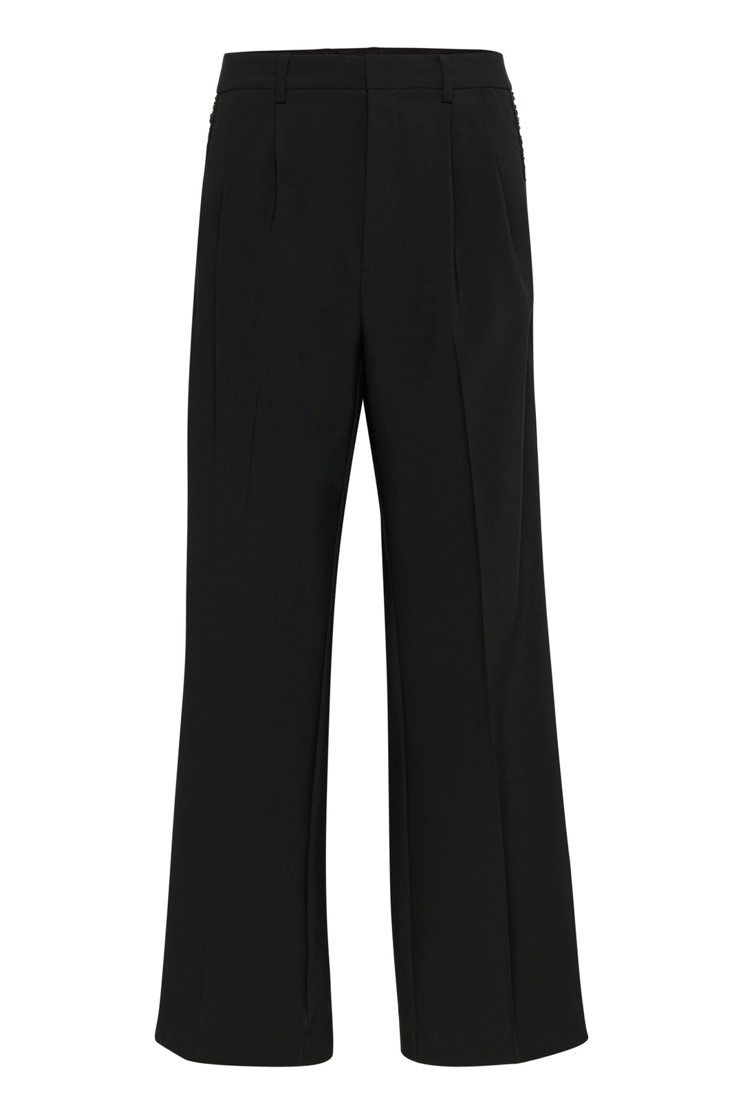 Pantalon noir large avec plis avant et taille haute, décoré d'une bande dorée sur les côtés pour un look élégant.