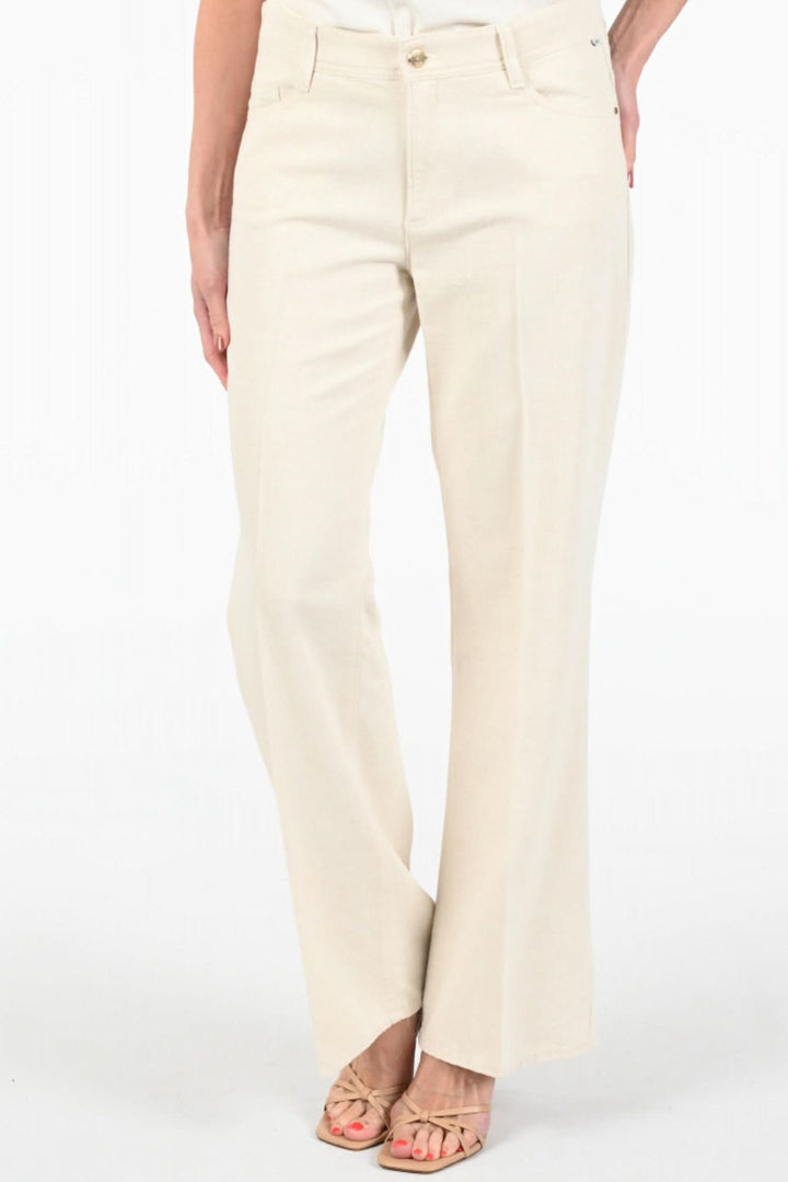 Pantalon MAINE lurex doré naturel, taille classique, coupe évasée, look décontracté et élégant avec poches.