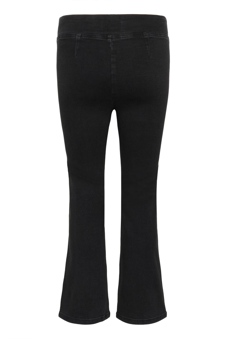 Pantalon Nikela noir à coupe évasée avec taille haute élastiquée, longueur cheville et tissu extensible pour confort optimal.