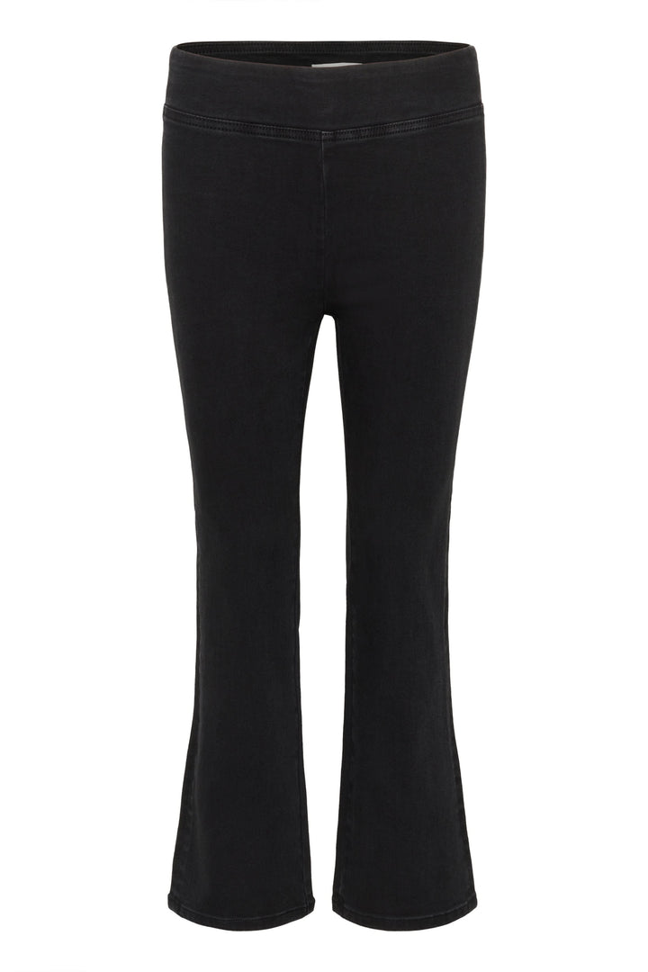 Pantalon Nikela à coupe évasée, taille haute élastiquée, en tissu extensible pour un confort optimal et une silhouette flatteuse.