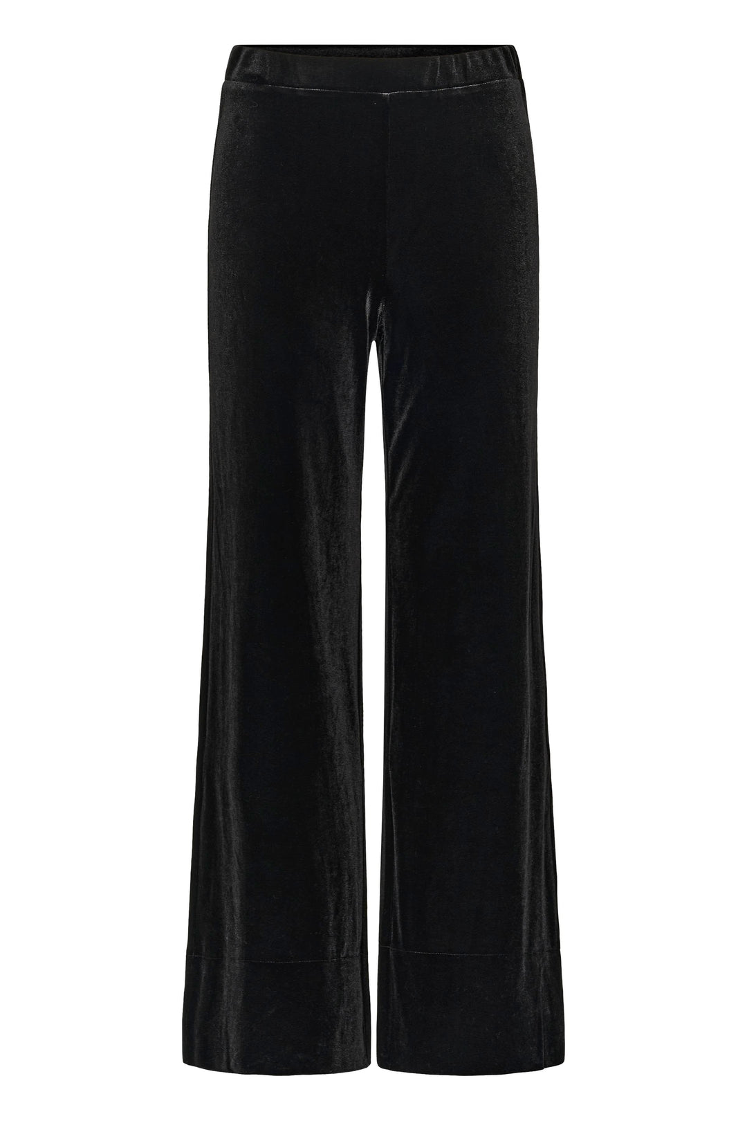 Pantalon Varla en velours à jambe large noir élégant et confortable avec taille élastique, tissu doux et extensible, décris moi le produit.