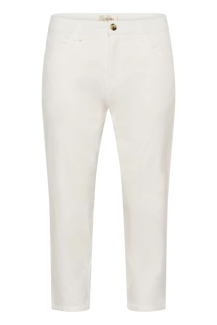 Pantalon capri Berta coupe droite en blanc, coupe droite mi-mollet, taille mi-haute avec passants, fermeture à bouton.