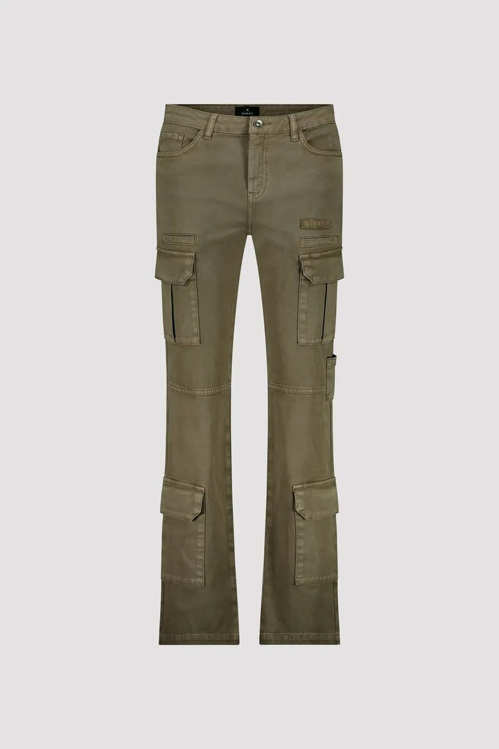 Pantalon cargo kaki en coupe droite, moderne et fonctionnel avec poches pratiques pour un look décontracté.