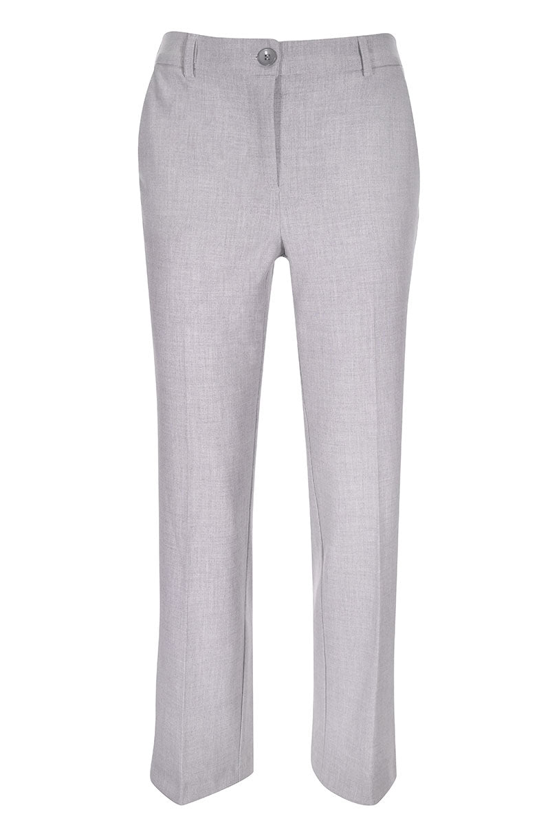 Pantalon coupe droite élégant, couleur gris clair, avec taille structurée et fermeture à glissière, idéal pour bureau et quotidien.