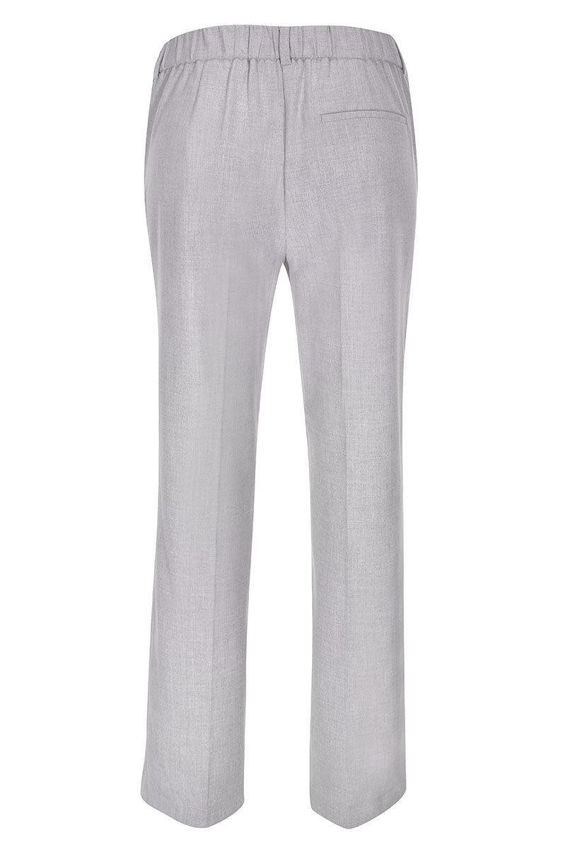 Pantalon coupe droite en couleur gris, vue arrière, avec taille régulière et fermeture à glissière. Idéal pour un look élégant au bureau.