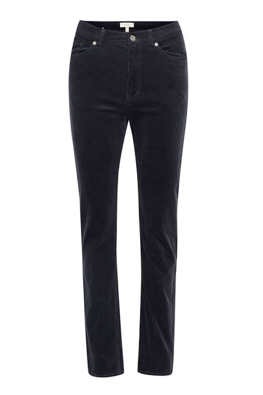Pantalon en corduroy noir à jambe droite, taille haute, 5 poches, légèrement extensible.