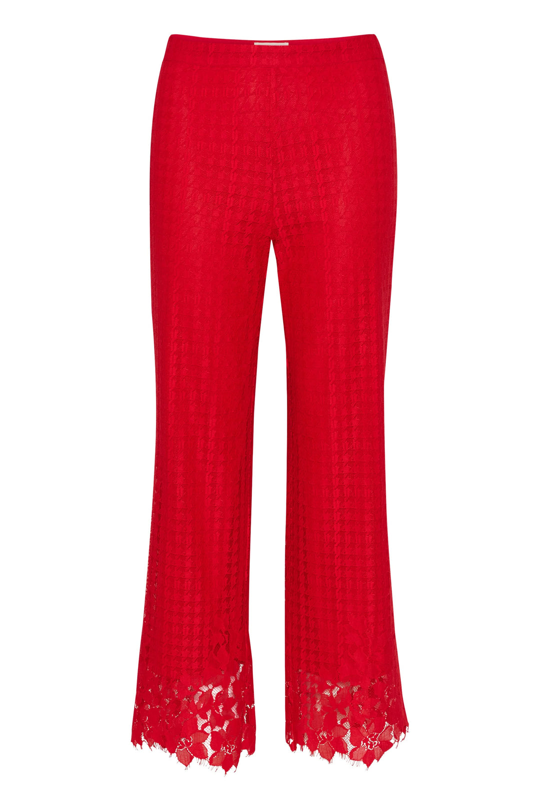Pantalon en dentelle rouge à motif pied-de-poule avec ourlets détaillés, élégant et audacieux.