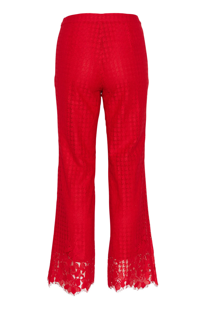 Pantalon rouge en dentelle avec motif pied-de-poule, détails en dentelle aux ourlets, coupe droite.