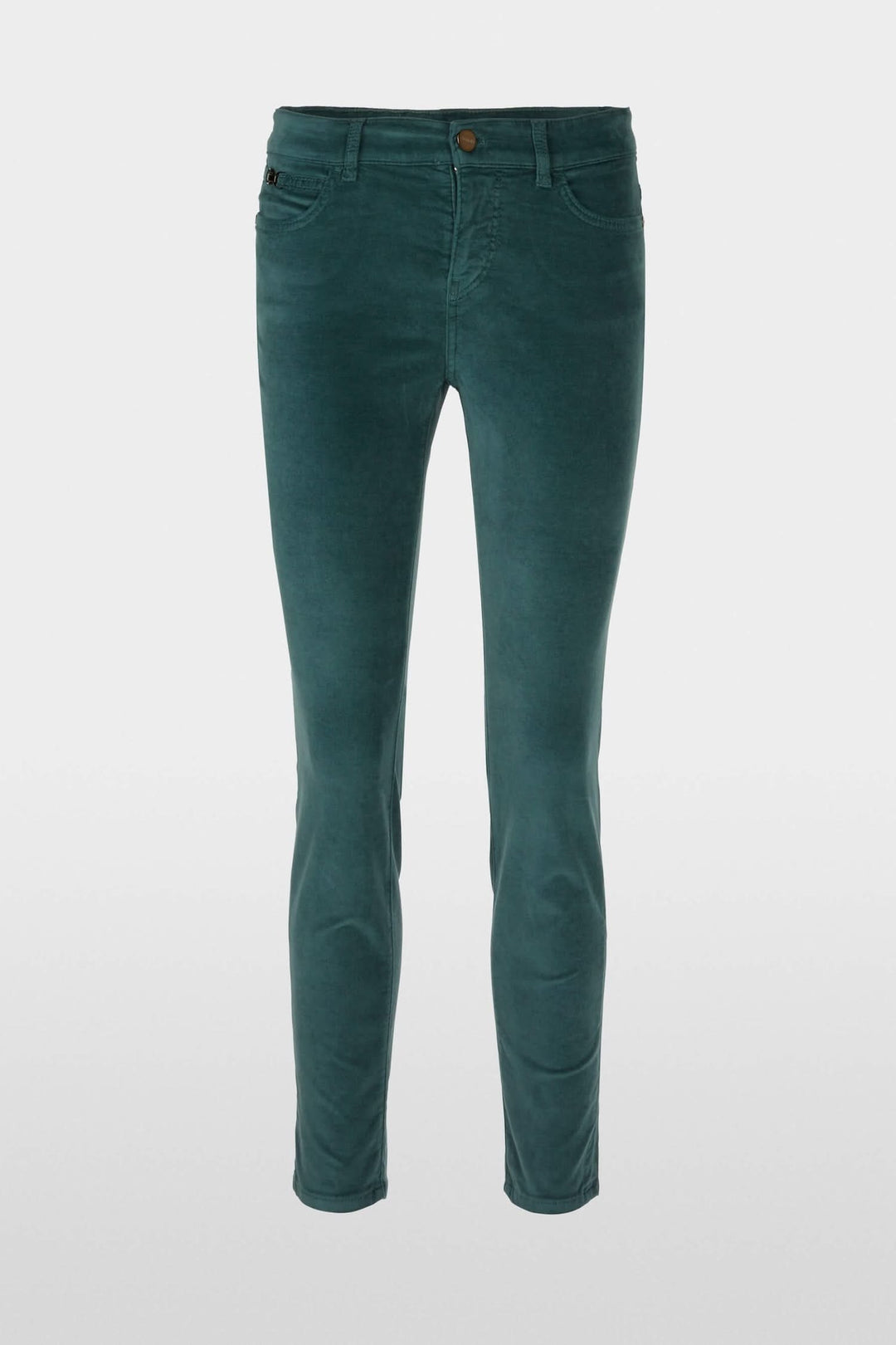 Pantalon en velours slim vert, jambe raccourcie, taille basse, matière douce, pour un look décontracté.