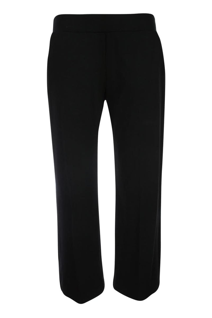 Pantalon jambe large noir élégant avec coupe fluide et structurée, idéal pour un look professionnel ou habillé, en tissu confortable.