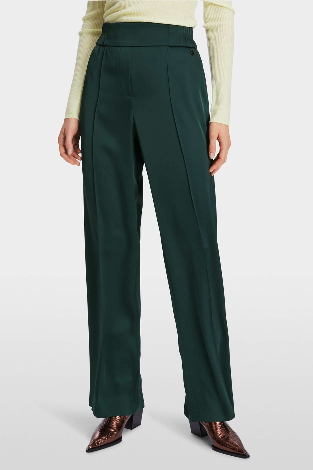 Pantalon à jambe large WASHINGTON en vert, ceinture élastiquée et poches, longueur de jambe 34".