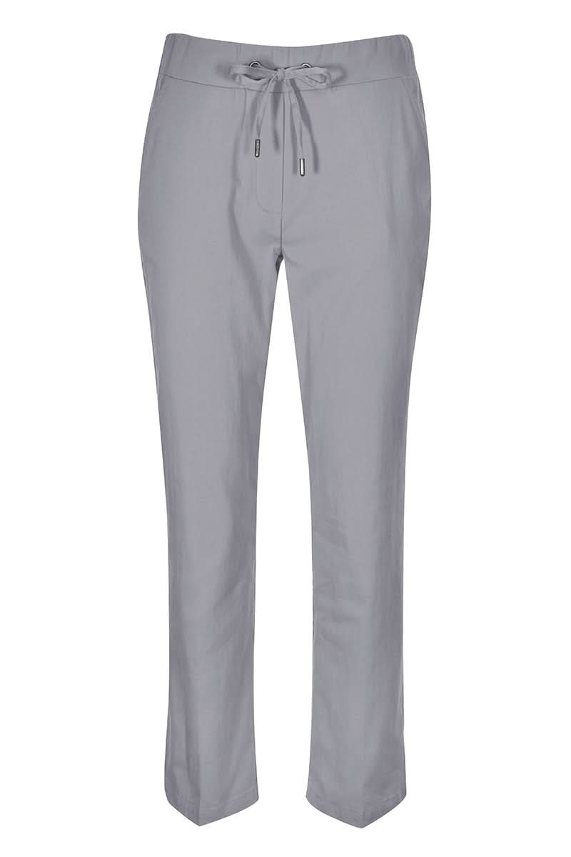 Pantalon jogger à cordon avec taille élastique en gris, coupe moderne et poches latérales pour un style décontracté et confortable.
