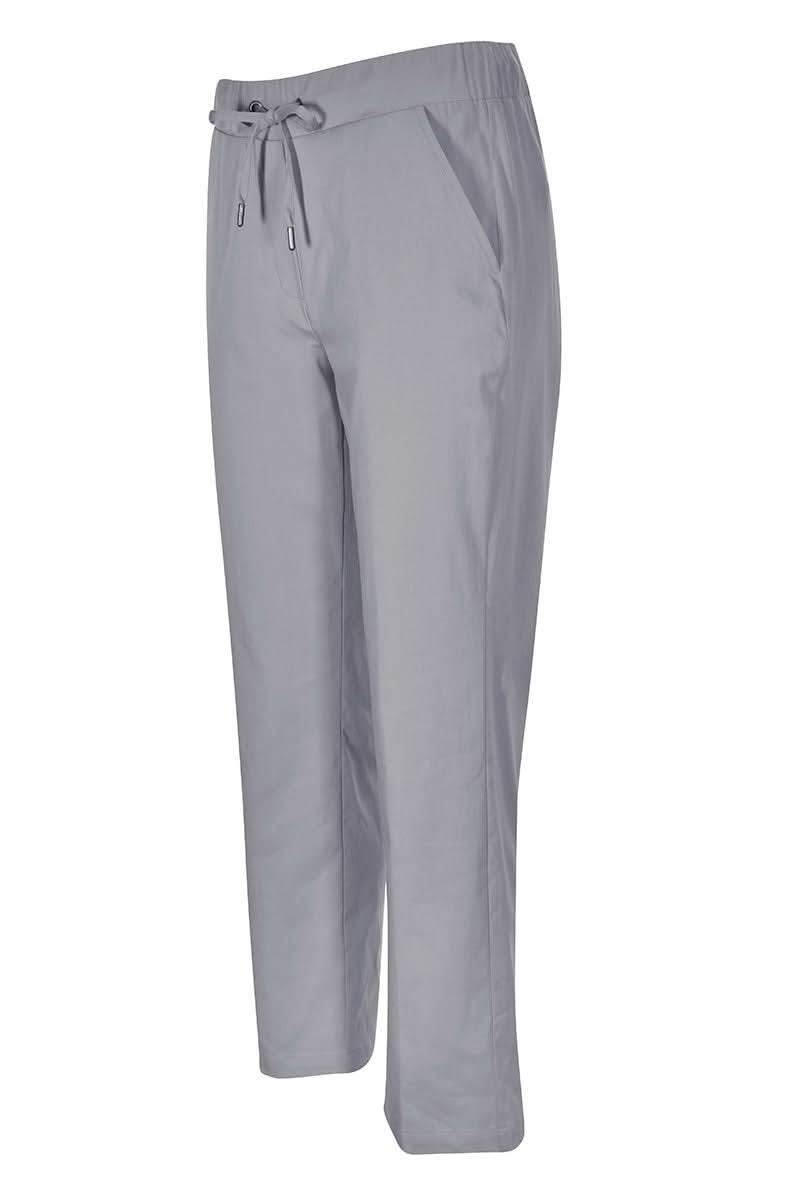 Pantalon jogger à cordon gris avec taille élastique et coupe fuselée, offrant un look décontracté et confortable.