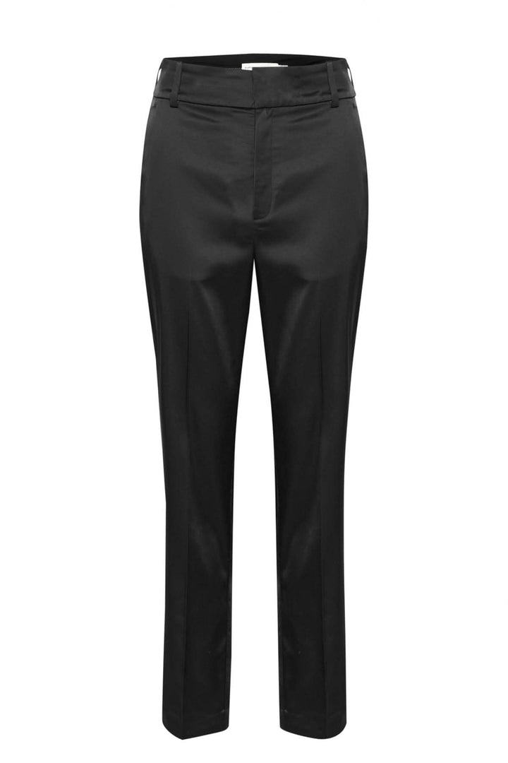 Pantalon satiné Zilk noir avec ourlet large, plis pressés, poches latérales et coupe droite.