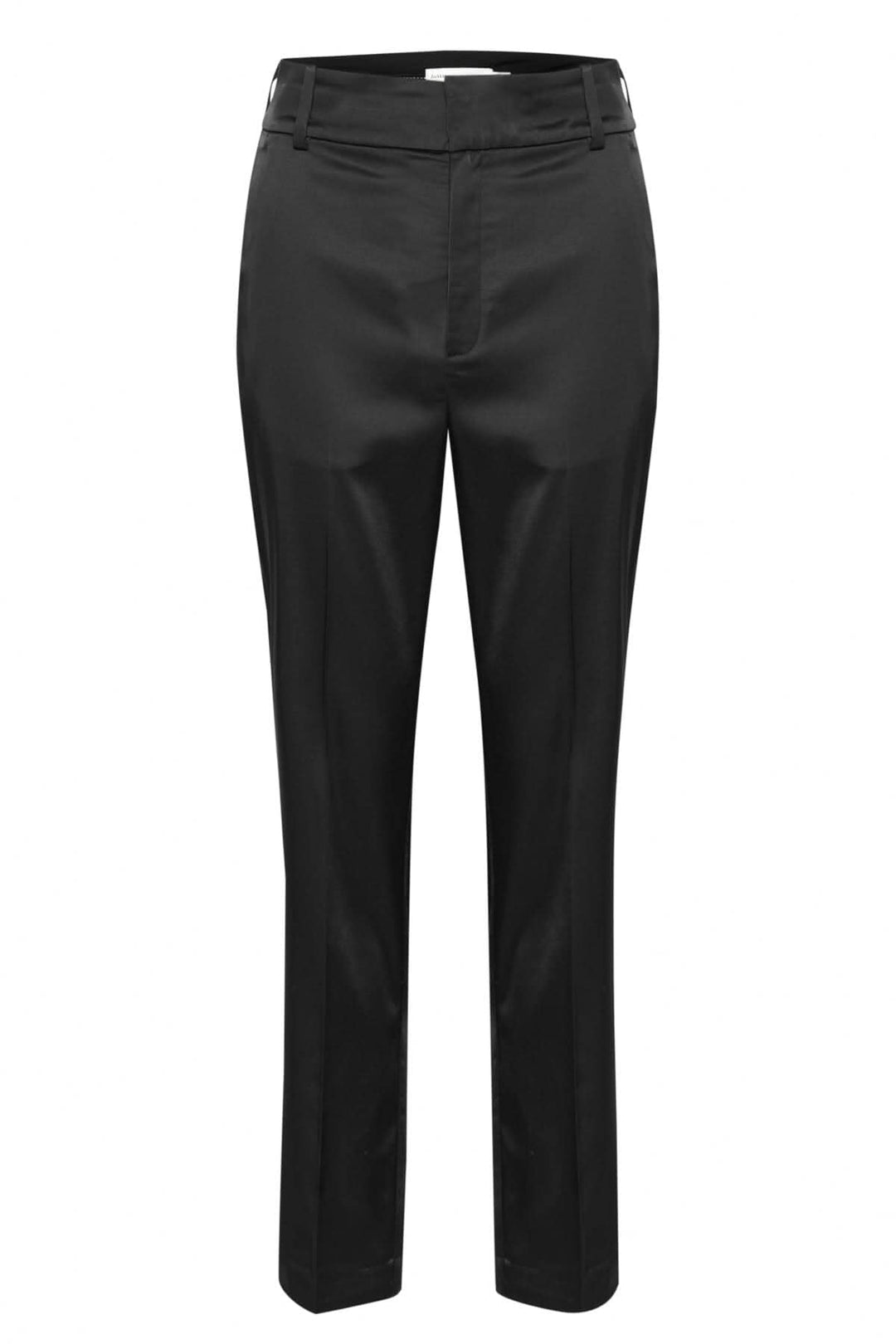 Pantalon satiné Zilk noir avec coupe droite, poches latérales et ourlet haut, en polyester recyclé.