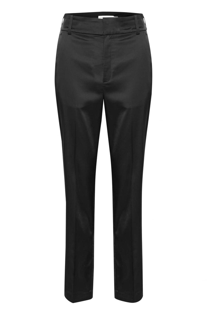 Pantalon satiné Zilk noir avec coupe droite, poches latérales et ourlet haut, en polyester recyclé.