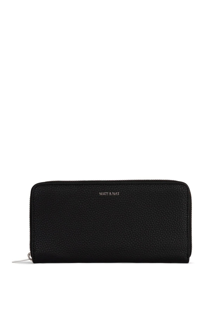 Porte-feuilles zippé noir avec finition grainée et logo élégant, parfait pour un style raffiné.
