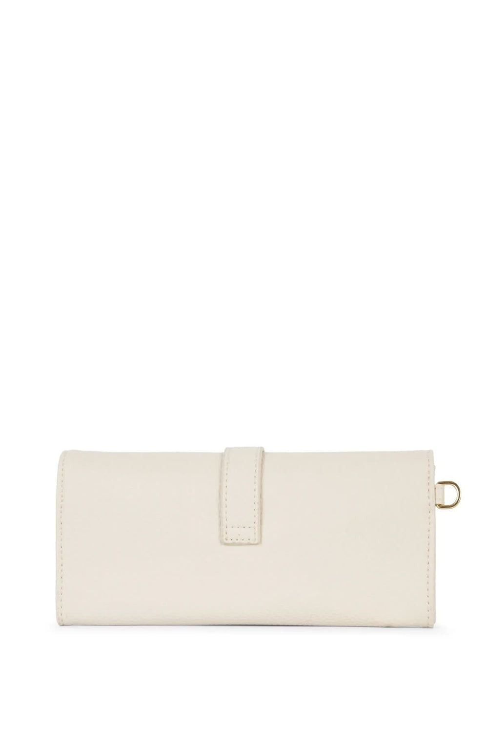 Portefeuille Seun élégant en cuir beige avec rabat et boucle décorative, bracelet amovible pour un port pratique.