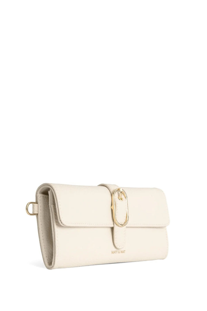 Portefeuille Seun élégant en cuir beige avec boucle décorative et bracelet amovible.