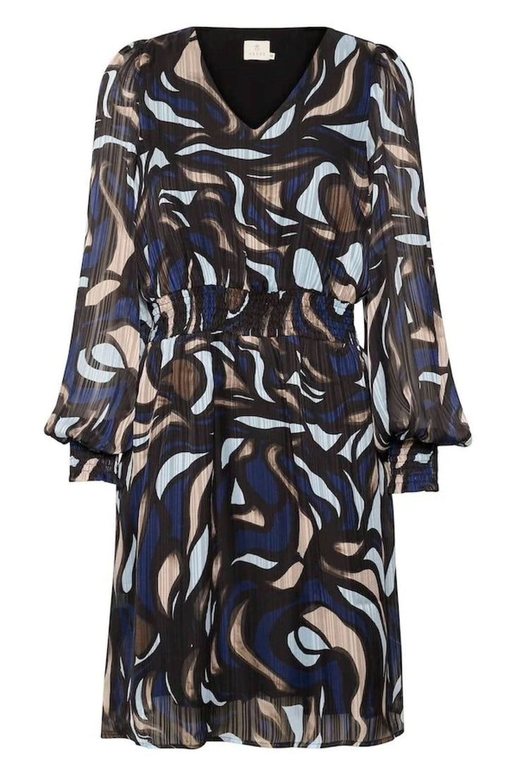 Robe Margo à col en V, manches longues, motif abstrait bleu, noir et beige, chic et fluide.