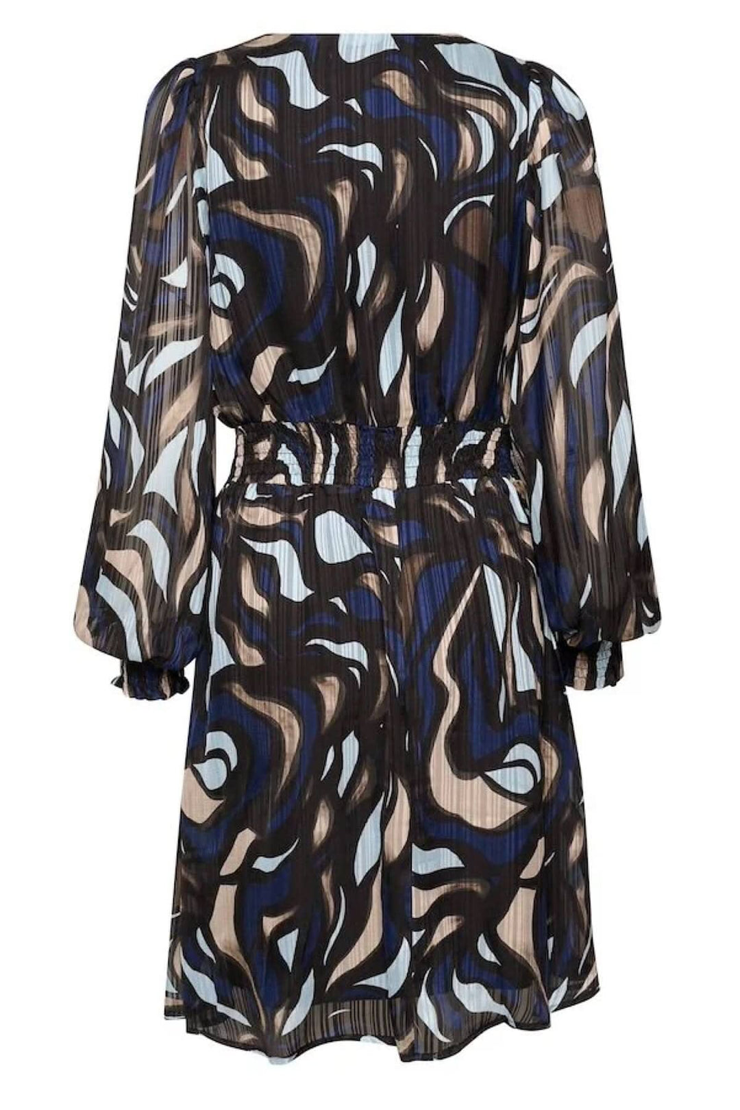 Robe Margo au dos, avec motif abstrait bleu, noir et beige, manches longues et taille élastique.