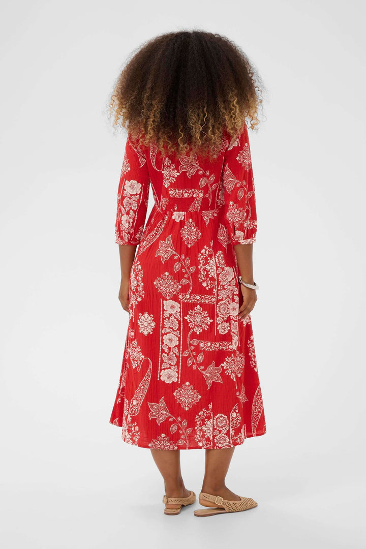Robe Bia midi imprimée à manches trois-quarts vue arrière, motif décoratif rouge élégant et féminin.
