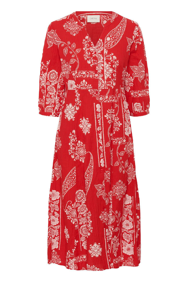 Robe Bia midi imprimée à manches trois-quarts rouge avec imprimé floral élégante et fluide pour une touche féminine et confortable.