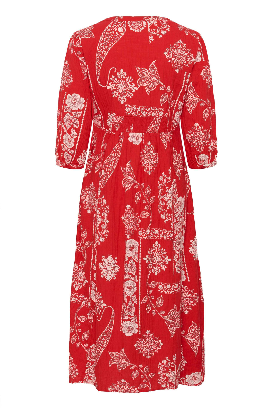 Robe Bia midi imprimée à manches trois-quarts en rouge avec imprimé décoratif et coupe évasée élégante.
