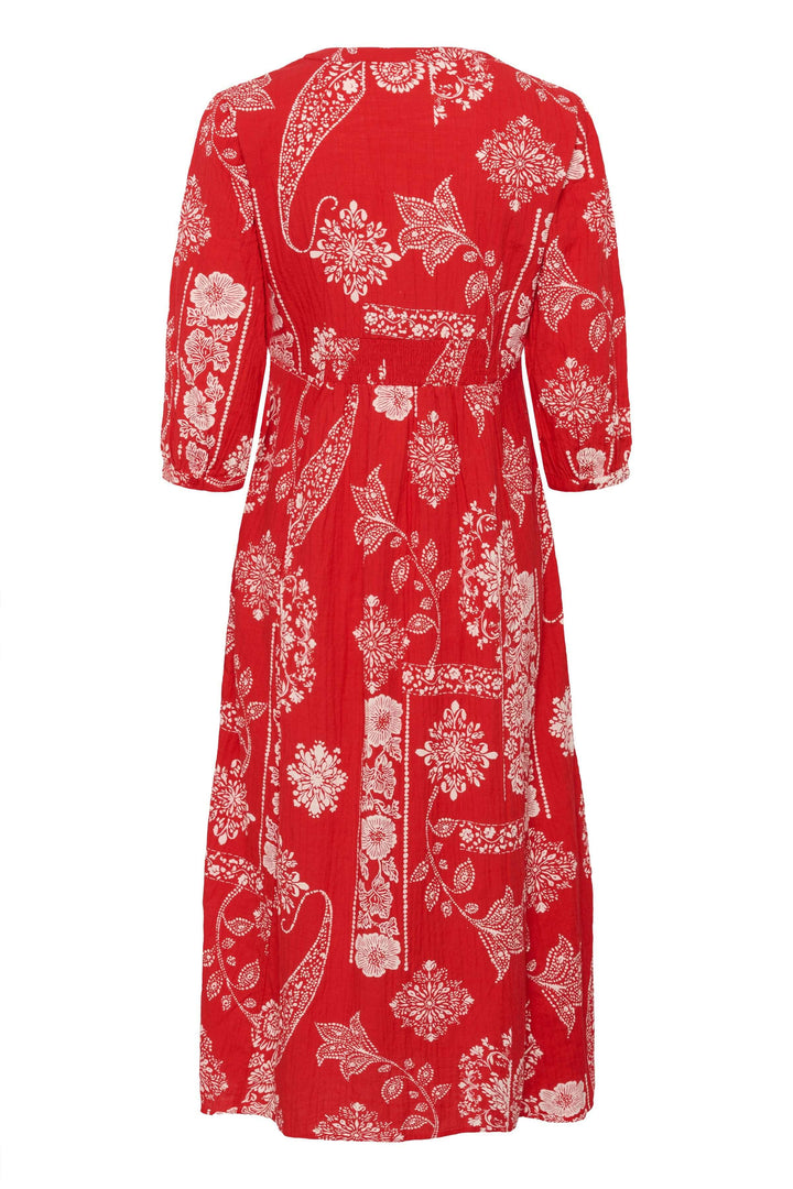 Robe Bia midi imprimée à manches trois-quarts en rouge avec imprimé décoratif et coupe évasée élégante.