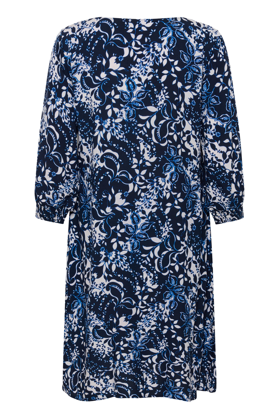 Robe Tiah à motif floral avec coupe fluide, encolure en V et manches trois-quarts pour une élégance simple et polyvalente.