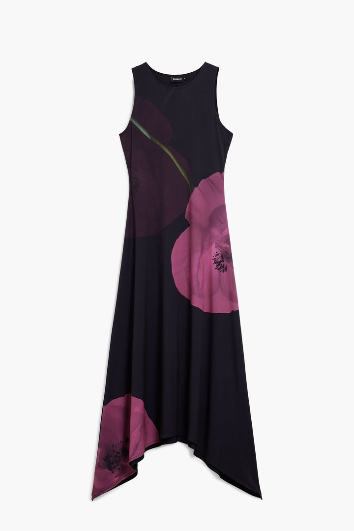 Robe asymétrique coquelicot sans manches avec imprimé floral artistique et coupe évasée fluide, ourlet moderne et sophistiqué.