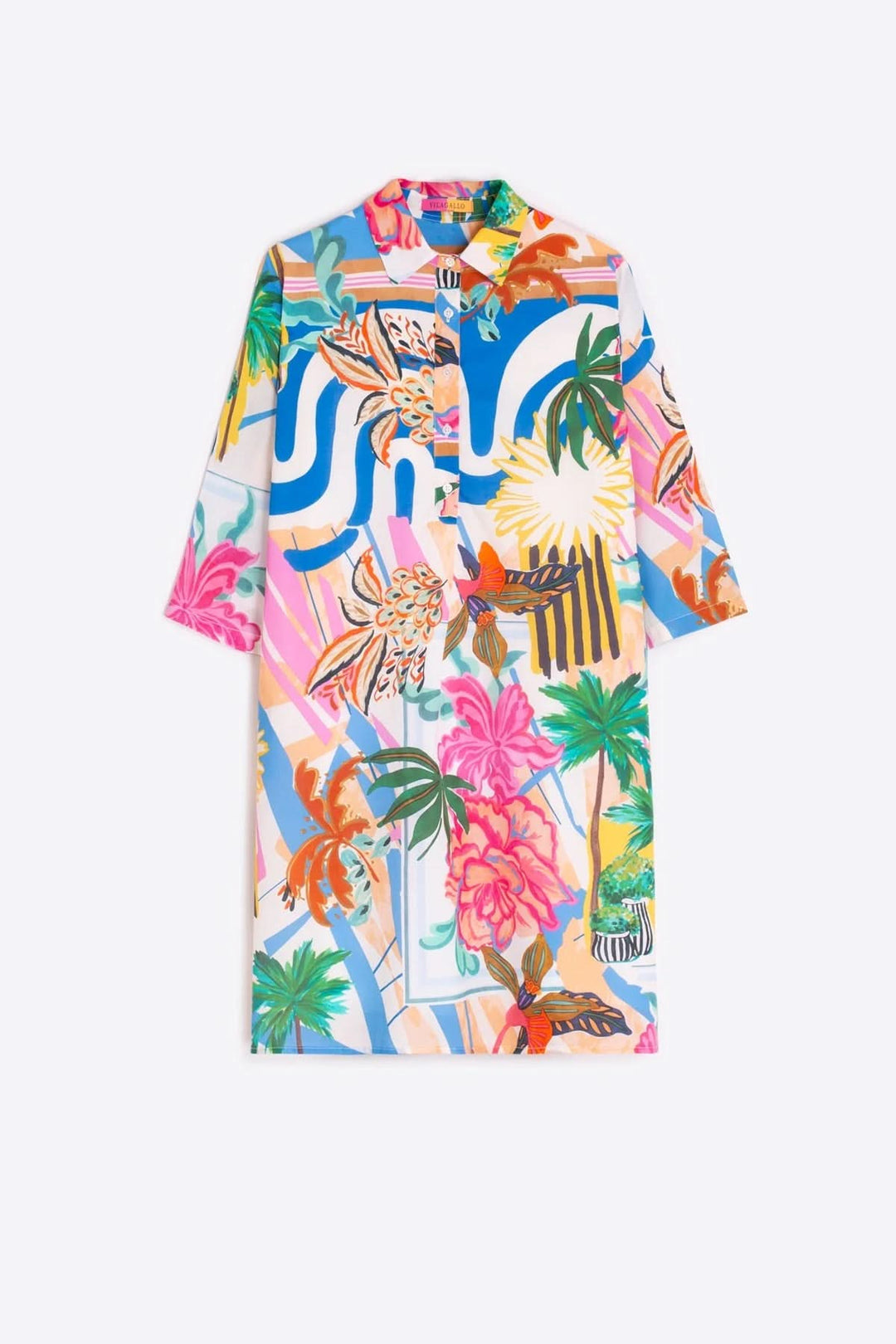 Robe chemise imprimée colorée avec coupe droite, longueur au-dessus du genou, col chemise, idéale pour un look moderne et décontracté.