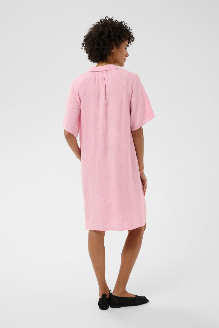 Femme portant la Robe en lin Ayla rose avec coupe droite et détails plissés, vue de dos.