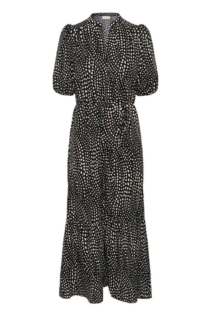 Robe longue imprimée à taille ceinturée avec manches courtes bouffantes et encolure en V.