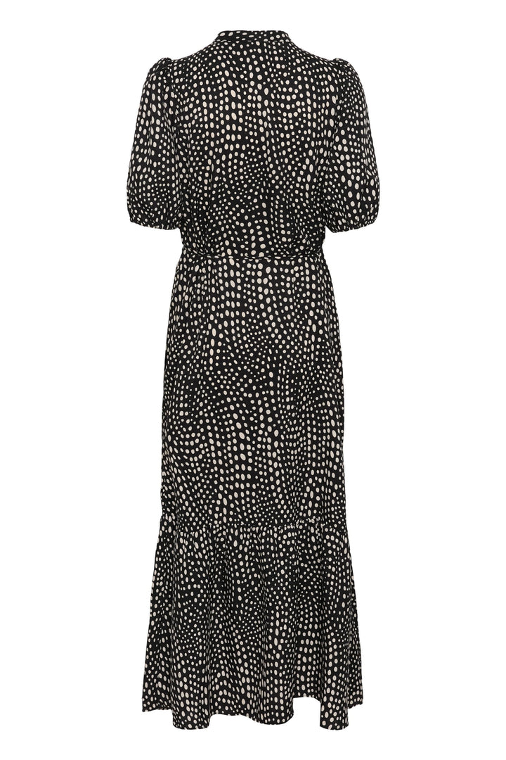 Robe longue imprimée à taille ceinturée avec manches courtes bouffantes et encolure en V, vue arrière