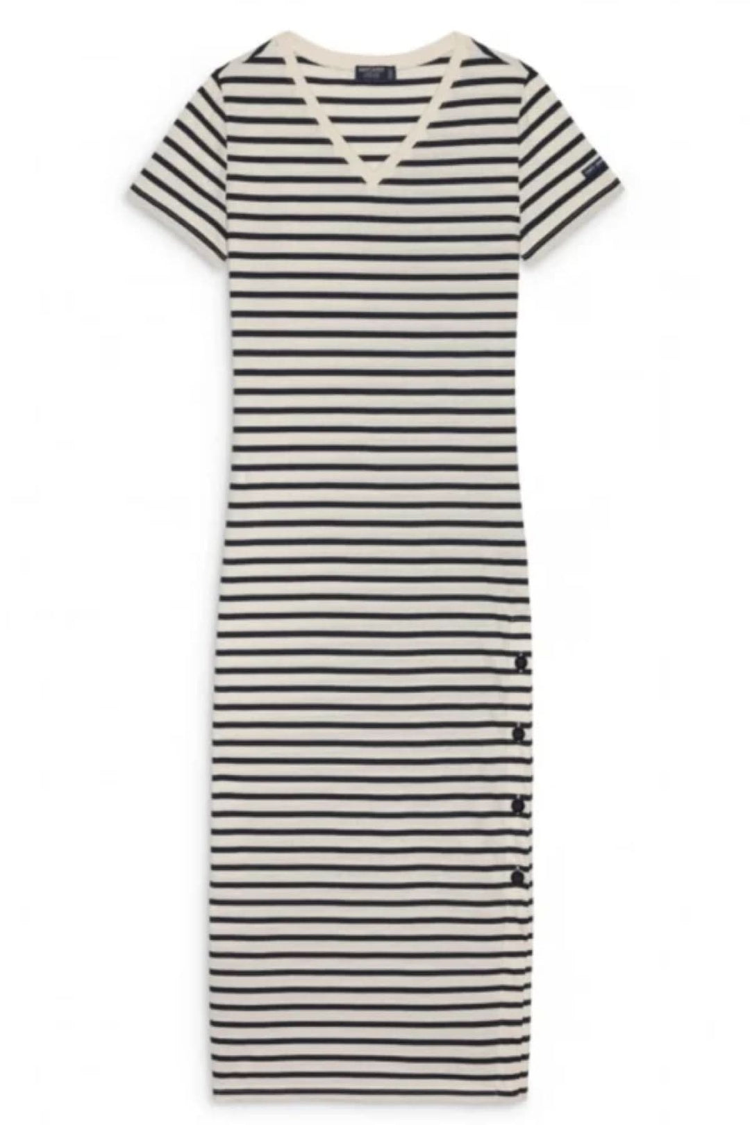 Robe longue rayée Eze avec encolure en V et boutons décoratifs, élégance décontractée pour jours ensoleillés.