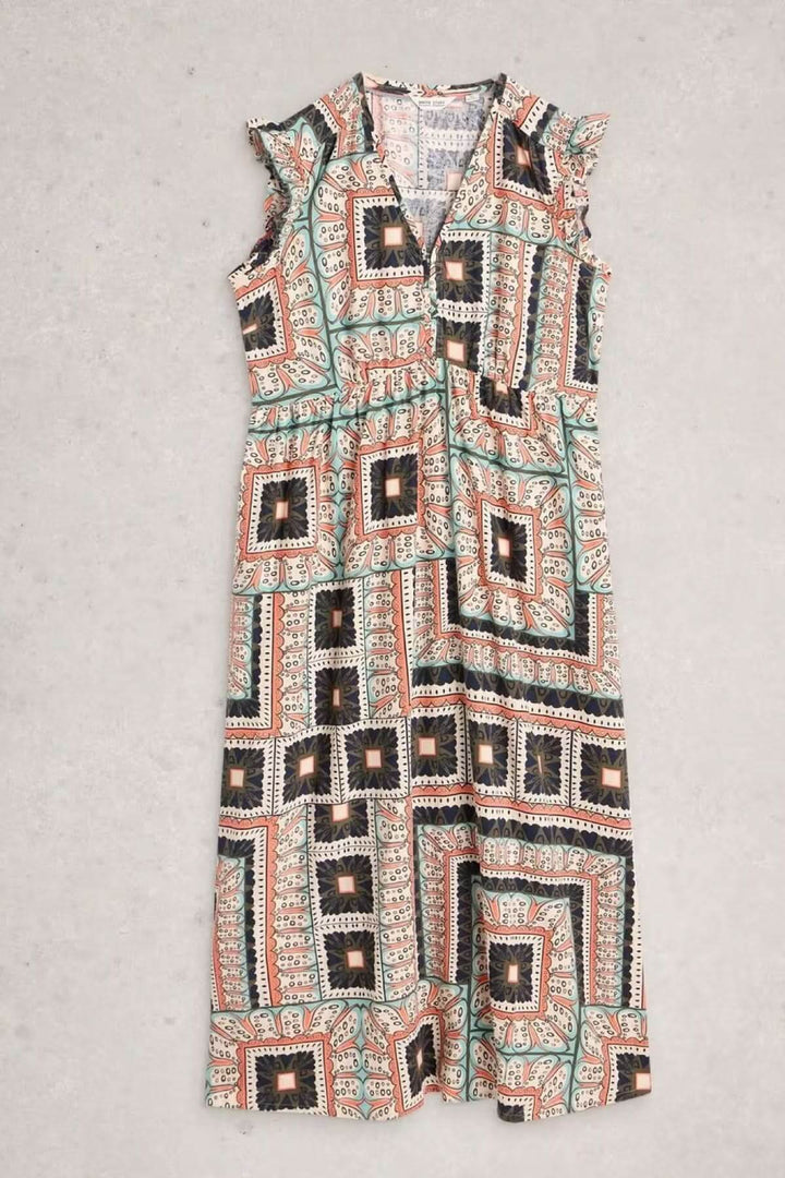 Robe longue sans manches Lorna en lin mélangé avec imprimé graphique, encolure en V, coupe fluide et évasée, parfaite pour l&