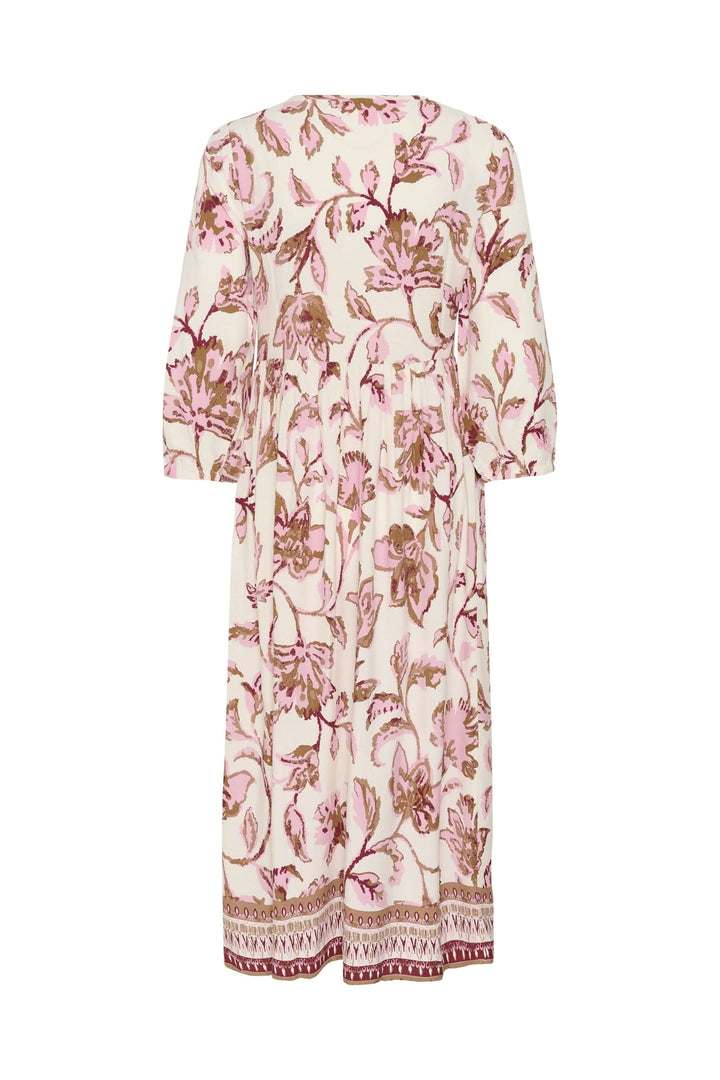 Robe midi fluide à imprimé floral avec encolure en V et manches trois-quarts, idéale pour des occasions féminines et élégantes.