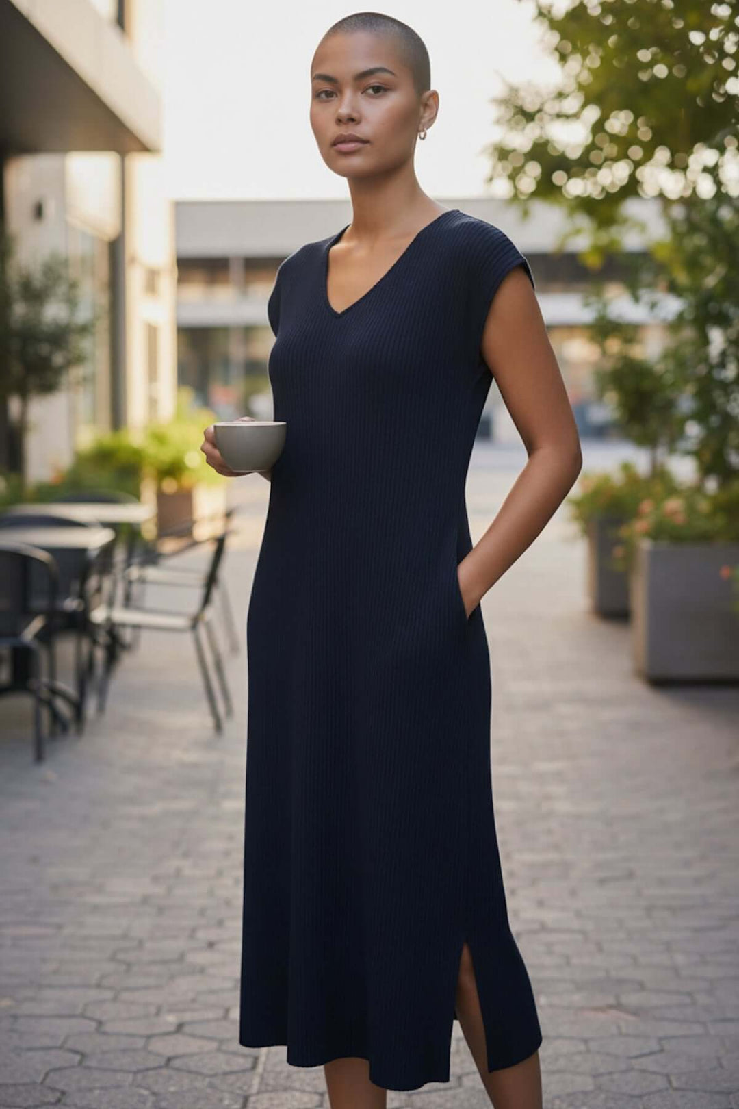 Femme portant une robe plissée avec poches, coupe droite et décolleté en V, dans un cadre urbain élégant.
