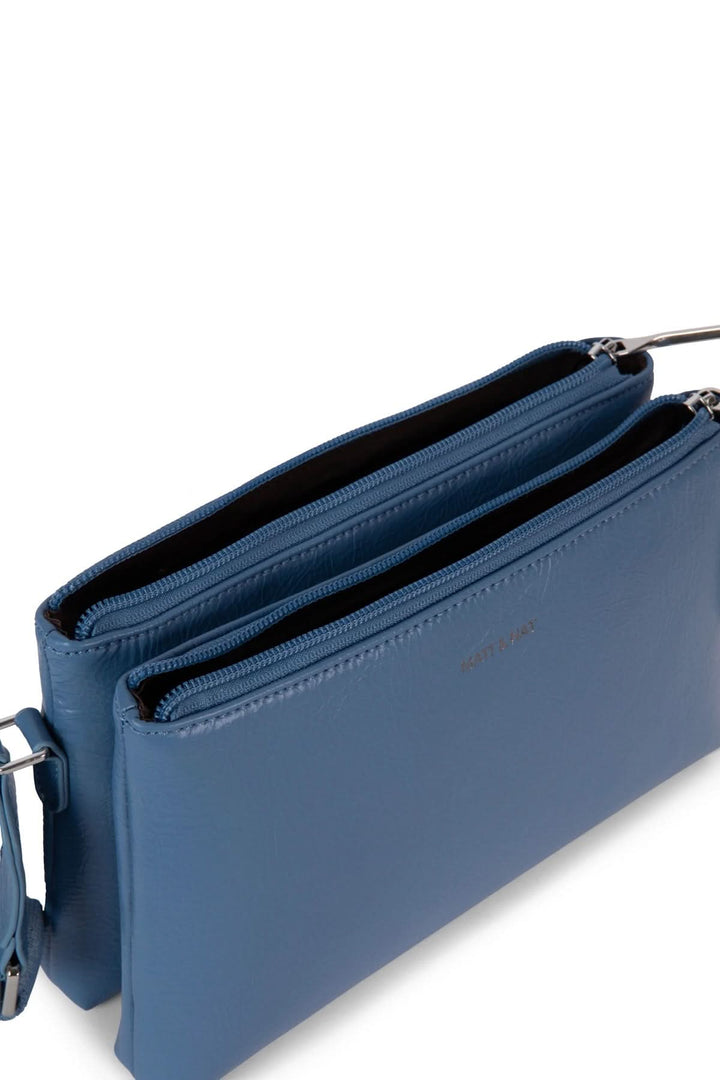 Sac à mains Indie bleu avec deux compartiments zippés et bretelle ajustable, idéal pour l&