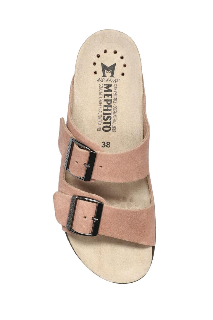 Sandales Hester en cuir à doubles brides ajustables avec semelle anatomique et détails de boucles noires.