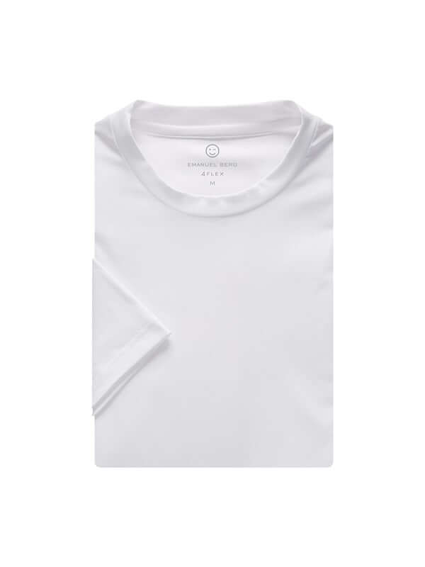 T-shirt blanc moderne avec encolure ronde et finition soignée, essentiel pour un look décontracté.