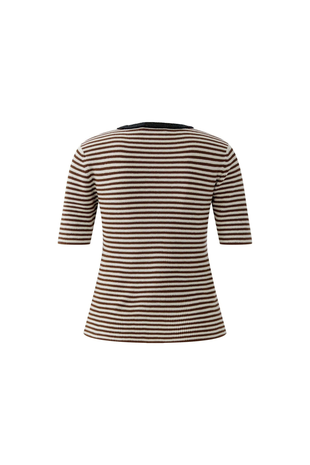 T-shirt pour femme à rayures et encolure contrastante, coupe ajustée, motif moderne. Décris moi le produit en français.