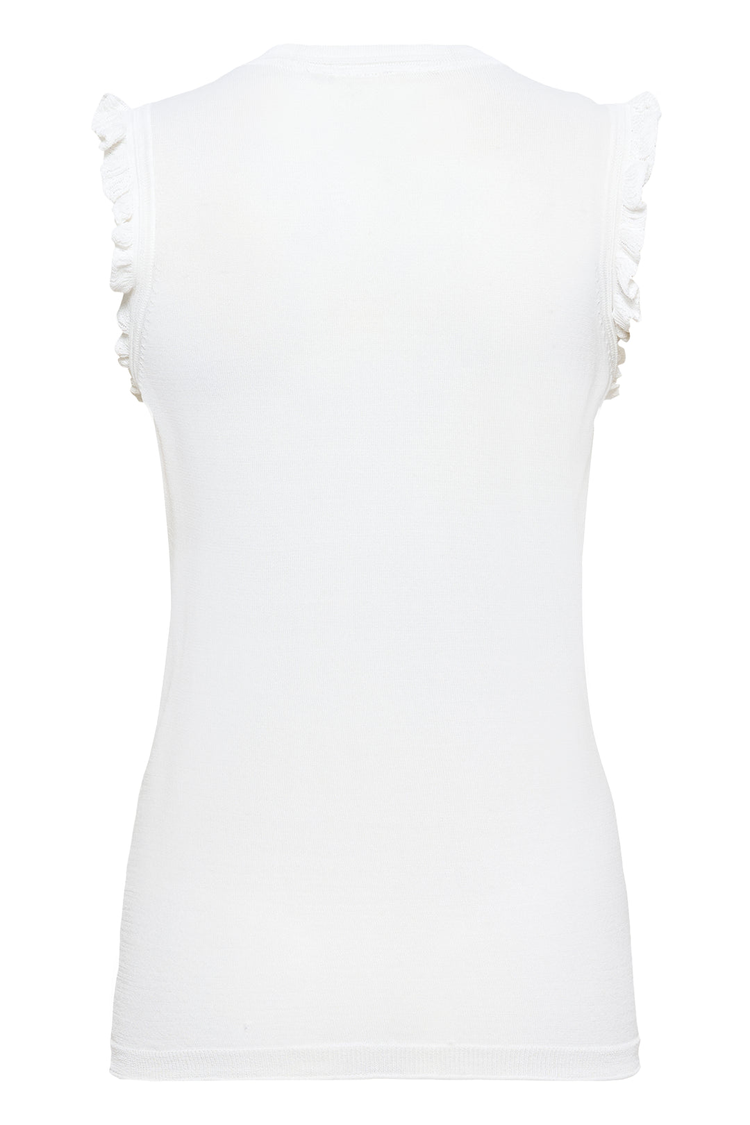 Dos du T-shirt Desten sans manches avec volants élégants, coupe fluide, couleur blanche.