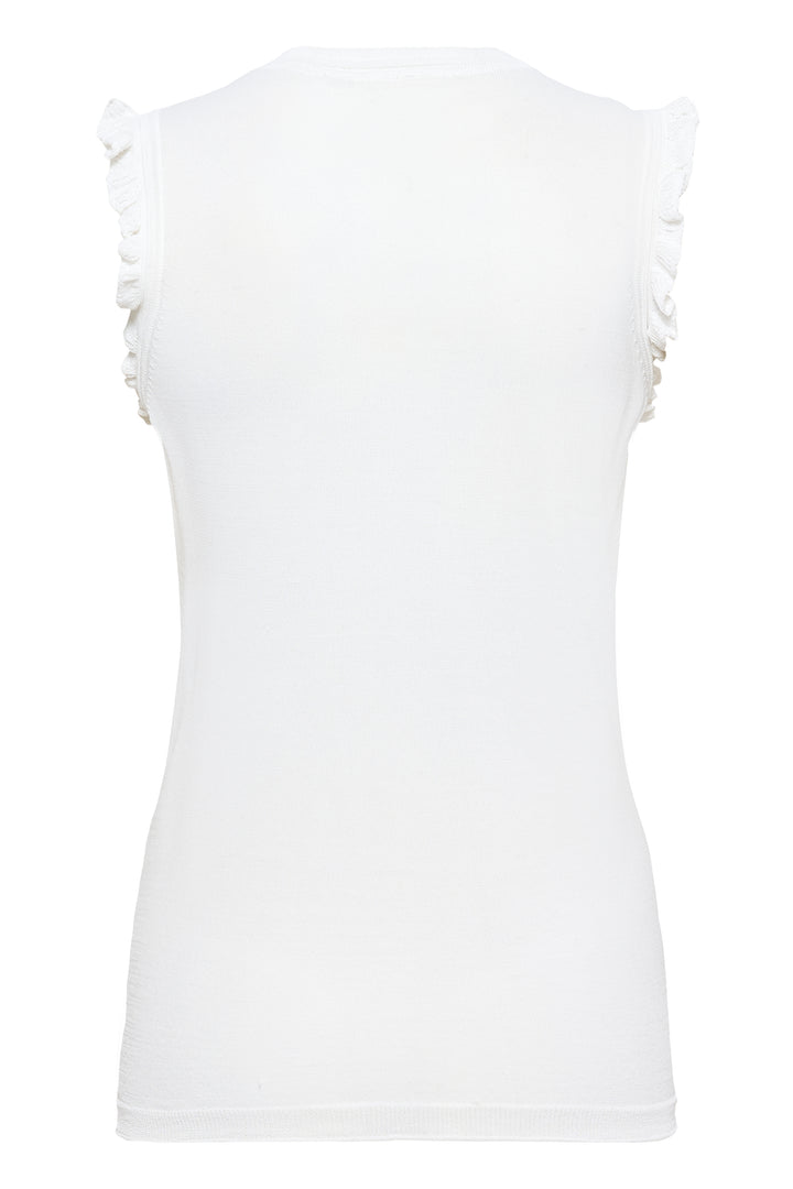 Dos du T-shirt Desten sans manches avec volants élégants, coupe fluide, couleur blanche.