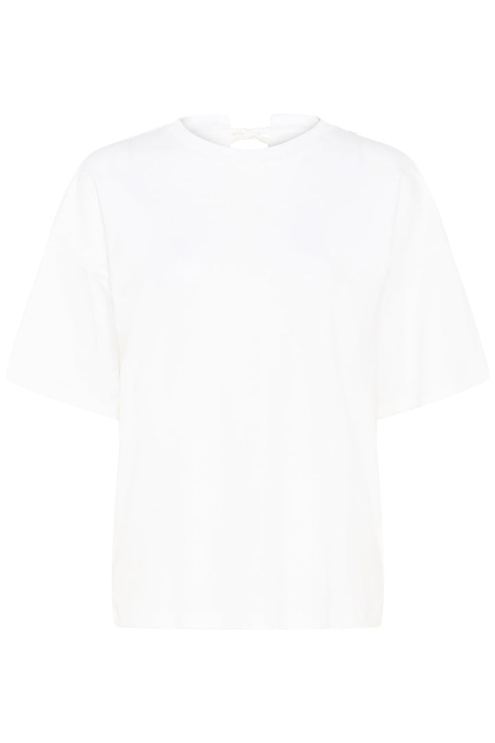 T-shirt Sophie fluide à nouer au dos, blanc, à manches courtes et encolure ronde, coupe ample et féminine.