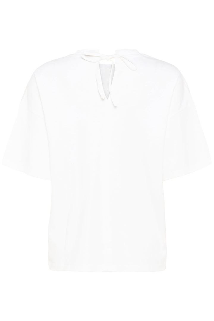 T-shirt Sophie fluide à nouer au dos blanc, en tissu léger avec encolure ronde et manches courtes, élégant et confortable.